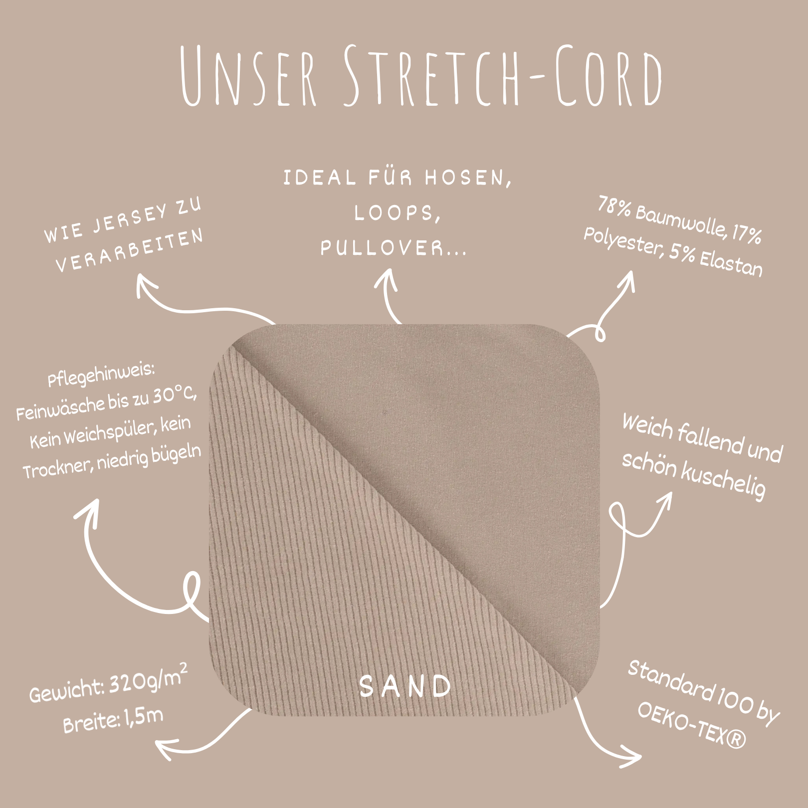 Stretch Cord-Jersey Sand - 78% Baumwolle 17% Poyester 5% Elastan