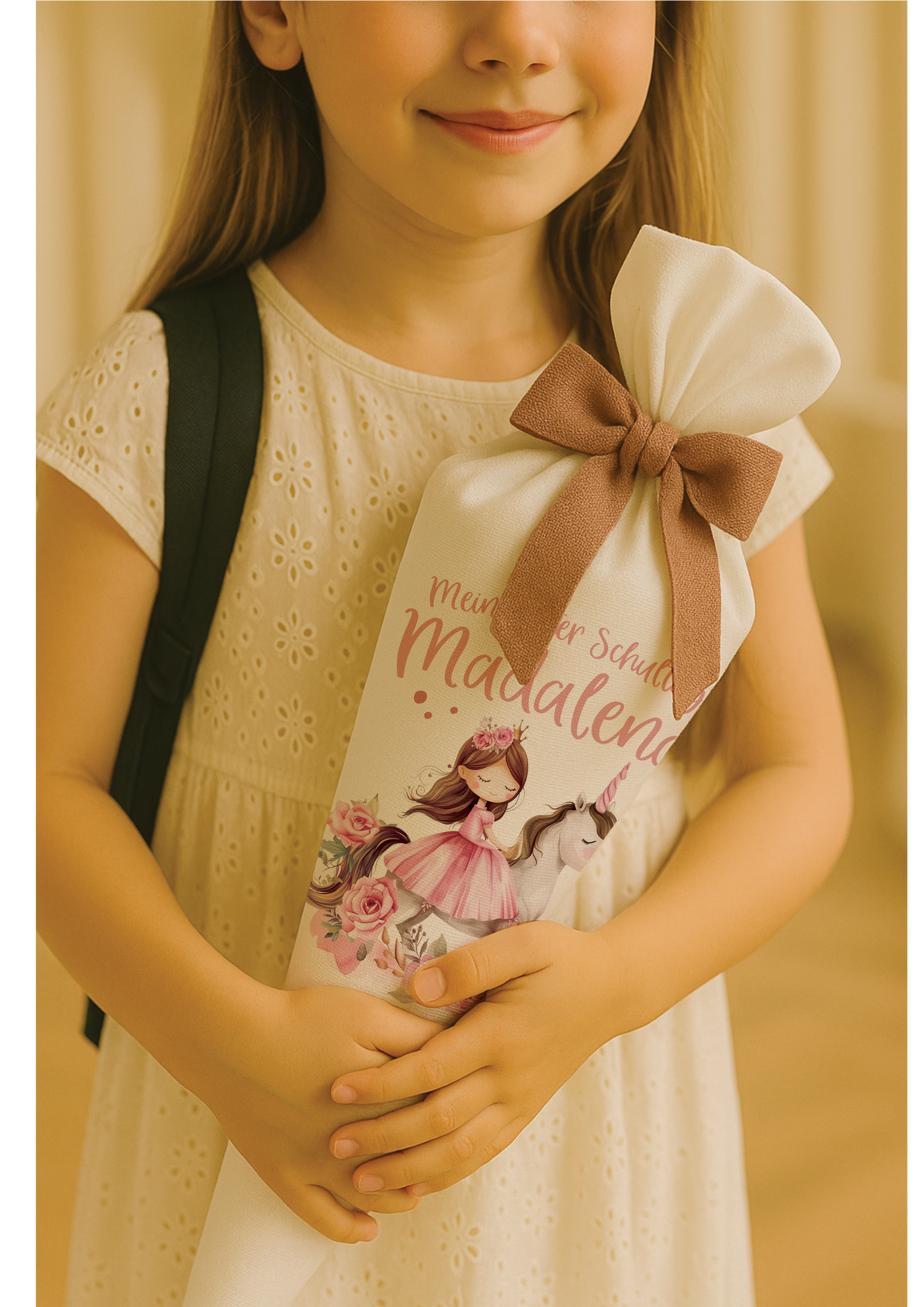 Prinzessin und das Einhorn Schultüten-Bügelbild - Name, Farbe und Datum nach deinen Wünschen