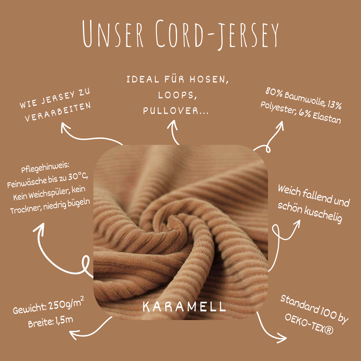 Stretch Cord-Jersey Karamell - 70 % Baumwolle, 25 % Polyester und 5 % Elastan
