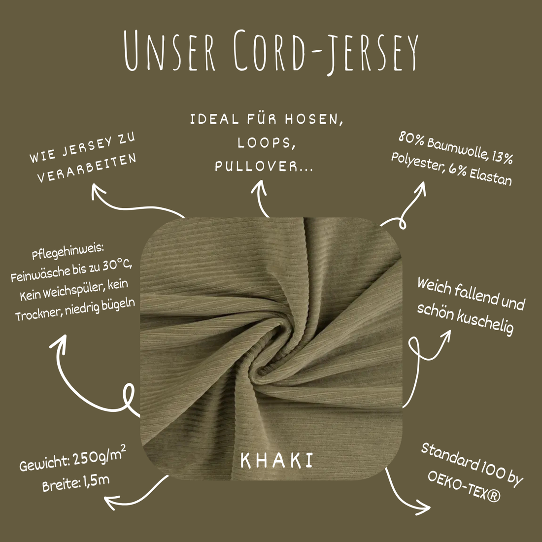 Jerseycord Khaki - 70 % Baumwolle, 25 % Polyester und 5 % Elastan