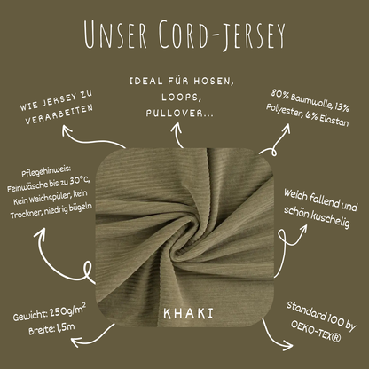 Jerseycord Khaki - 70 % Baumwolle, 25 % Polyester und 5 % Elastan