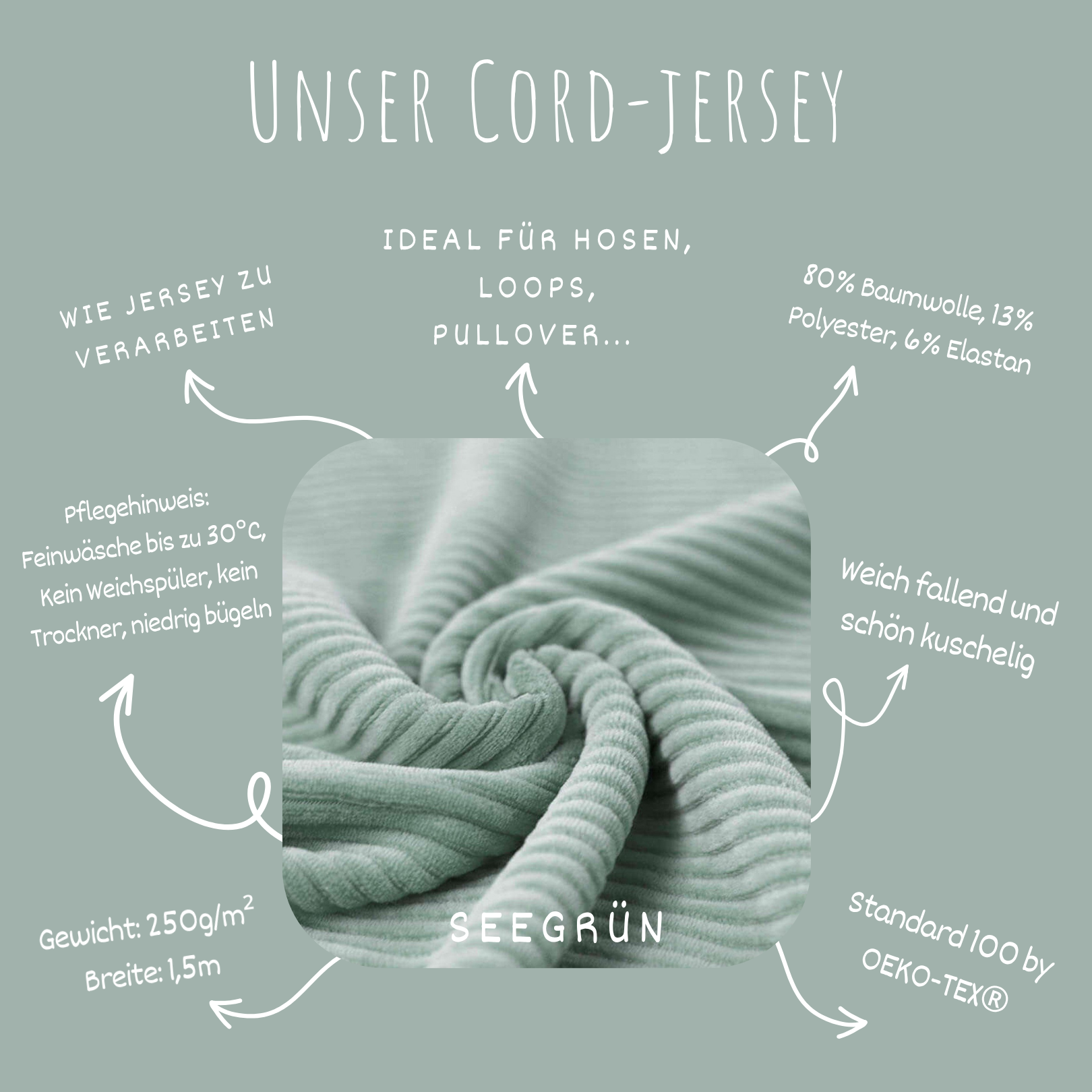 Jerseycord Seegrün - 70 % Baumwolle, 25 % Polyester und 5 % Elastan