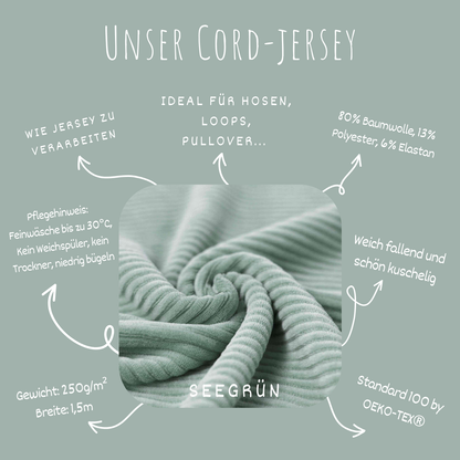 Jerseycord Seegrün - 70 % Baumwolle, 25 % Polyester und 5 % Elastan