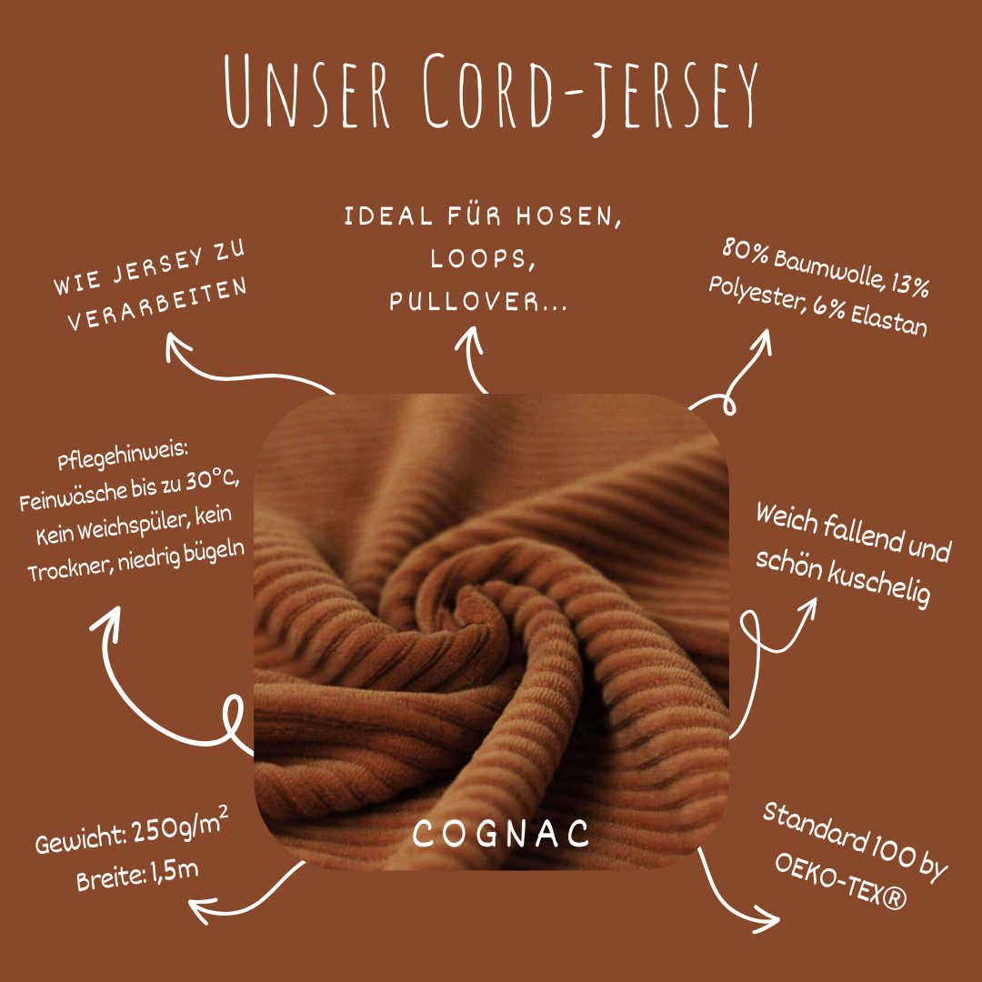 Jerseycord Cognac - 70 % Baumwolle, 25 % Polyester und 5 % Elastan
