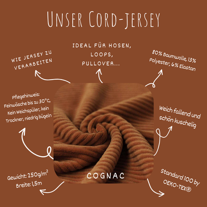 Jerseycord Cognac - 70 % Baumwolle, 25 % Polyester und 5 % Elastan