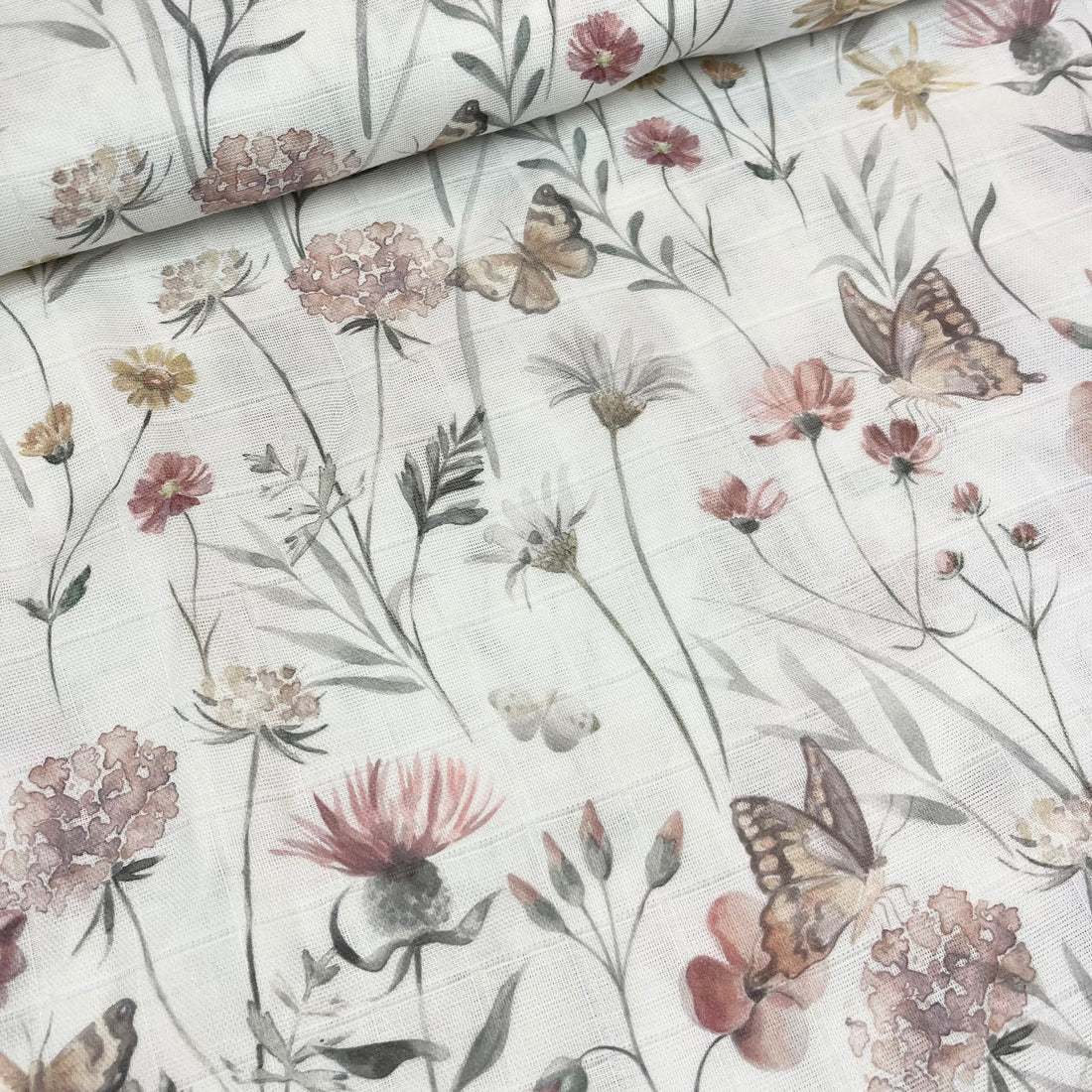 Reststück 0,35m Flowers and Butterflies - Baumwoll Musselin
