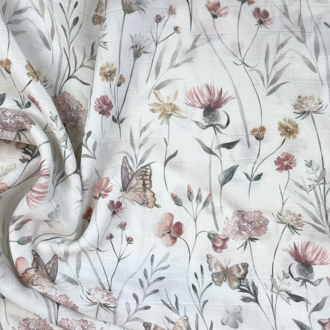 Reststück 0,35m Flowers and Butterflies - Baumwoll Musselin