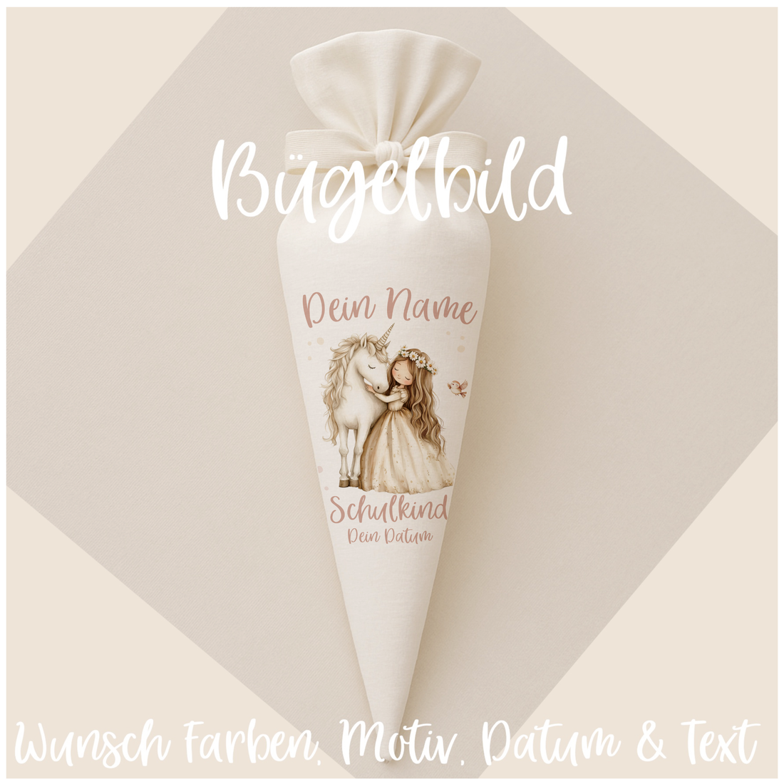 Boho Prinzessin Schultüten-Bügelbild - Name, Farbe und Datum nach deinen Wünschen
