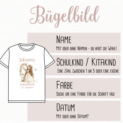 Boho Prinzessin Einschulungs-Bügelbild - Name, Farbe und Datum nach deinen Wünschen